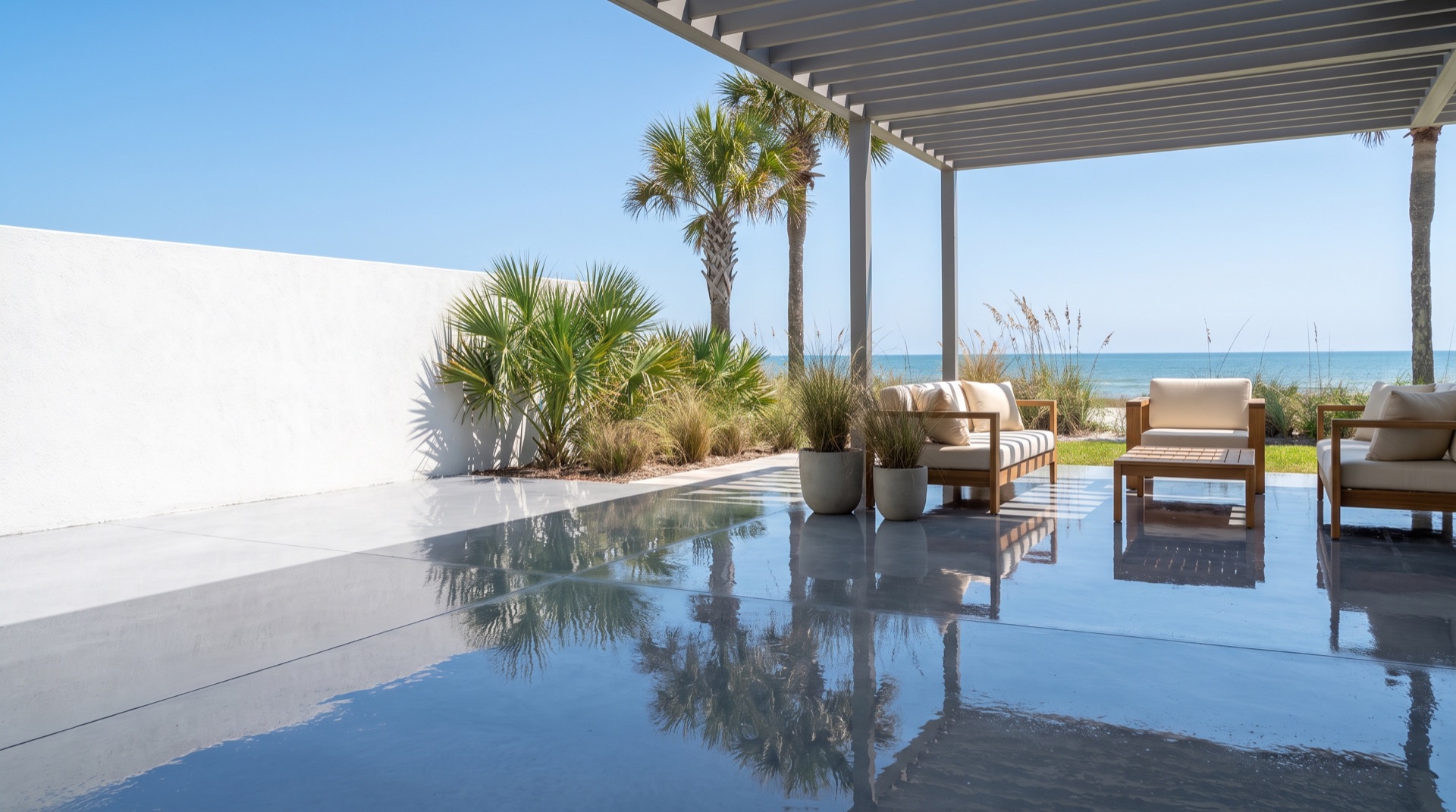 Glossy coated garage floor and pool deck at a St. Augustine coastal home with a grey flake finish
