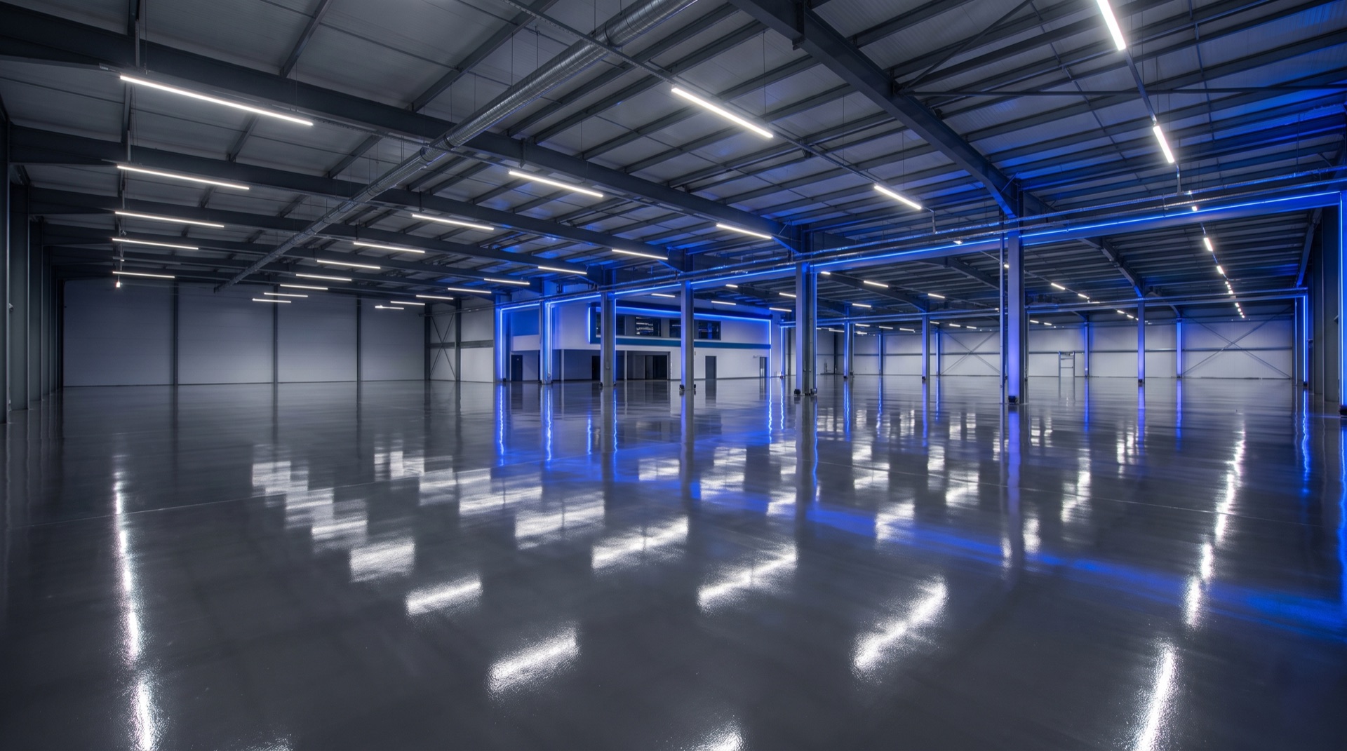 High-gloss coated warehouse floor with safety-striped forklift lanes in a Jacksonville facility