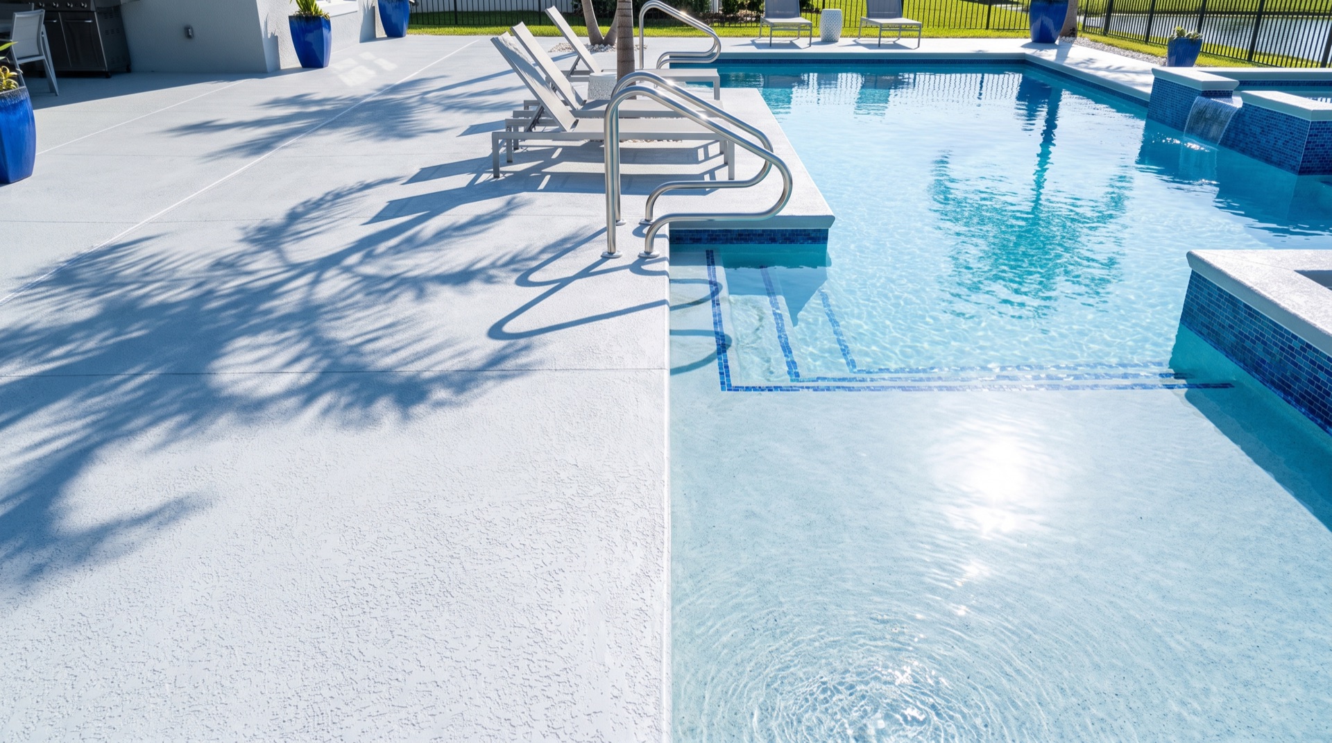 Resurfaced light-grey pool deck with a slip-resistant texture beside a Florida swimming pool